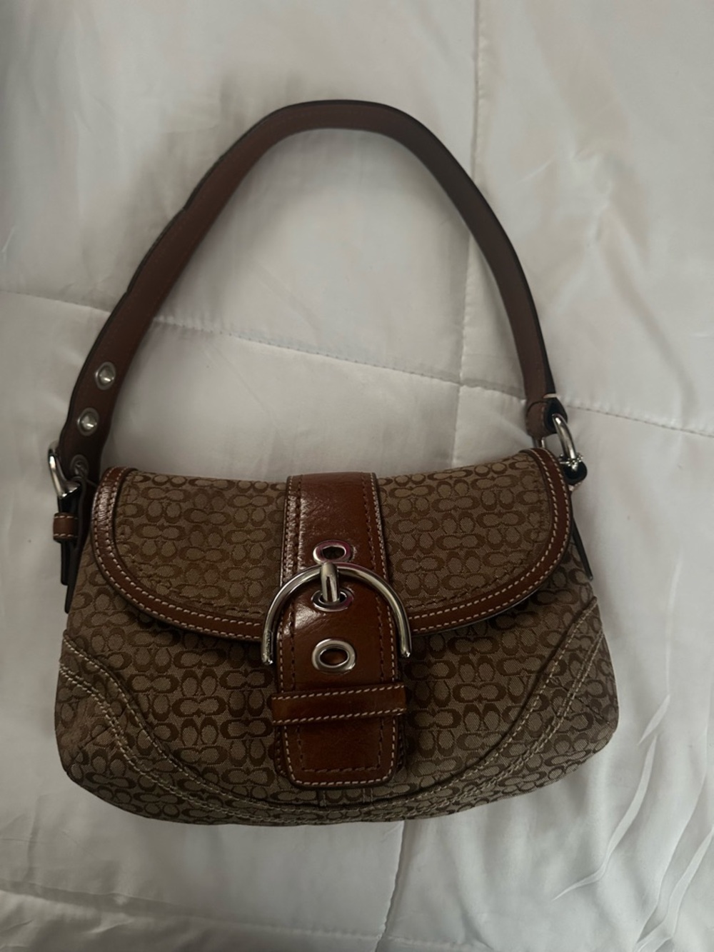 Coach Tan/Brown Signature Canvas Saddle Shoulder Bag with Leather Trim